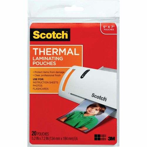 Scotch Thermal Laminating Pouches - Sheet Size Supported: 5" Width x 7" Length - Laminating Pouch/Sheet Size: 5.20" Width x 7.20" Length x 5 mil Thickness - Glossy - for Photo, Document, Lists, Card, Recipe, Artwork - Photo-safe, Double Sided - Clear - 20