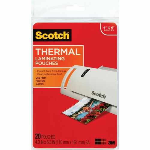Scotch Thermal Laminating Pouches - Sheet Size Supported: 4" Width x 6" Length - Laminating Pouch/Sheet Size: 4.30" Width x 6.30" Length x 5 mil Thickness - Glossy - for Photo, Document, Lists, Card, Recipe, Artwork - Photo-safe, Double Sided - Clear - 20