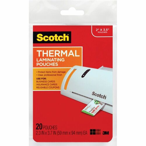 Scotch Thermal Laminating Pouches - Laminating Pouch/Sheet Size: 2.30" Width x 3.70" Length x 5 mil Thickness - Glossy - for Photo, Document, Business Card, Lists, Coupon, Punch Card - Double Sided, Photo-safe - Clear - 20 / Pack