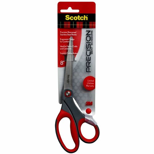 Scotch Precision Scissors - Bent Handles - 8" Overall Length - Left/Right - Stainless Steel - Red, Gray - 1 Each