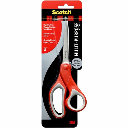 Scotch Multipurpose Scissors - 8" Overall Length - Straight-left/right - Stainless Steel - Red, Silver - 1 Each