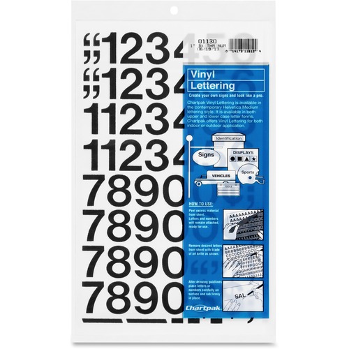 Chartpak Permanent Adhesive Vinyl Numbers - Skill Learning: Number - 44 x Numbers Shape - Self-adhesive - 1" Height x 12" Length - Black - Vinyl - 1 / Pack