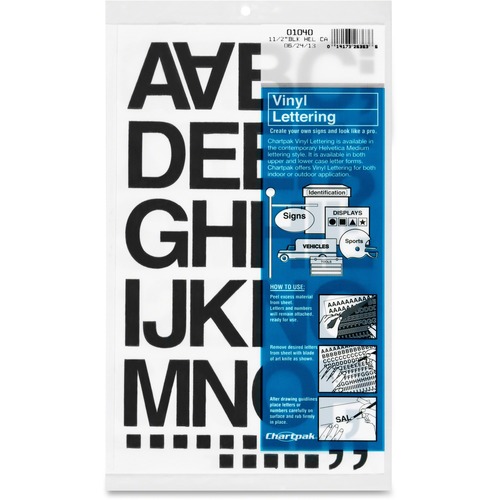 Chartpak Vinyl Helvetica Style Letters/Numbers - Skill Learning: Alphabet, Number - 10 x Numbers, 35 x Capital Letter, Symbols Shape - Self-adhesive - Helvetica Style - 1.50" Height x 12" Length - Black - Vinyl - 1 / Pack