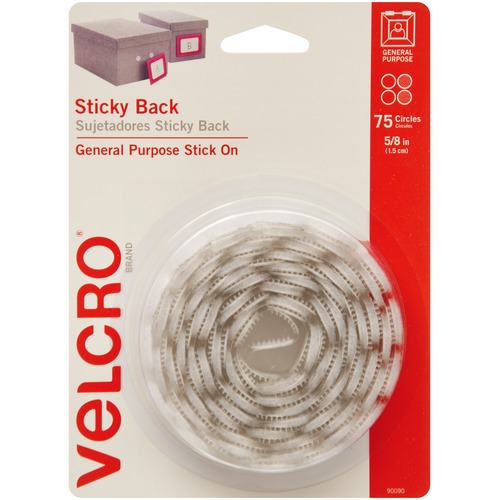 VELCRO® Sticky Back 5/8in Circles White 75 Ct - 0.59" Length x 0.59" Width x 0.63" Diameter - White - Adhesive Backing - Dispenser Included - For Glass, Metal, Plastic, Wood, Tile, Indoor, Smooth Surface, Outdoor, Home, School, Office - 75 / Pack