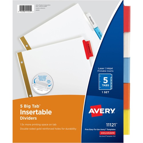 Avery® Worksaver Big Insertable Tab Index Dividers - 5 x Divider(s) - 5 - 5 Tab(s)/Set - 8.5" Divider Width x 11" Divider Length - 3 Hole Punched - White Paper Divider - Multicolor Plastic Tab(s) - Recycled - 1