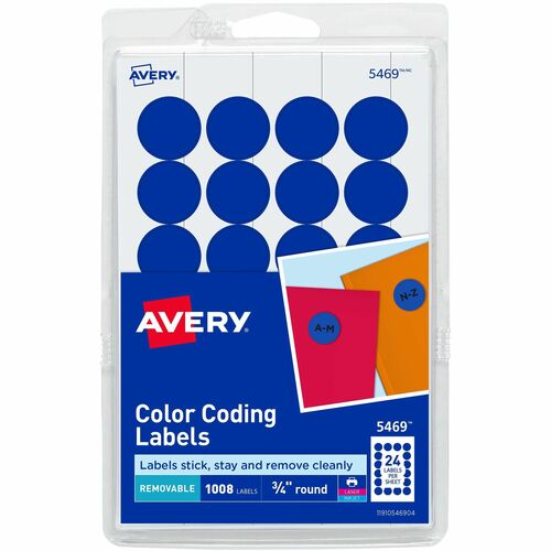 Avery® Print/Write Self-Adhesive Removable Labels, 0.75 Inch Diameter, Dark Blue, 1,008 per Pack (5469) - 4" Height x 6" Width - 3/4" Diameter - Removable Adhesive - Round - Laser, Inkjet - Dark Blue - Paper - 24 / Sheet - 42 Total Sheets - 1008 Total