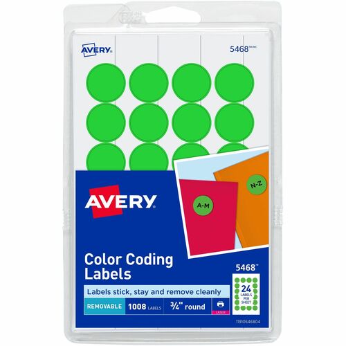 Avery® Removable Color-Coding Labels - - Width3/4" Diameter - Removable Adhesive - Round - Laser - Matte - Neon Green - Paper - 24 / Sheet - 42 Total Sheets - 1008 Total Label(s) - 1008 / Pack