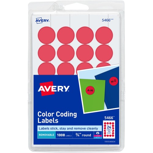 Avery® Color-Coding Labels - - Width3/4" Diameter - Removable Adhesive - Round - Laser, Inkjet - Matte - Red - Paper - 24 / Sheet - 42 Total Sheets - 1008 Total Label(s) - 1008 / Pack