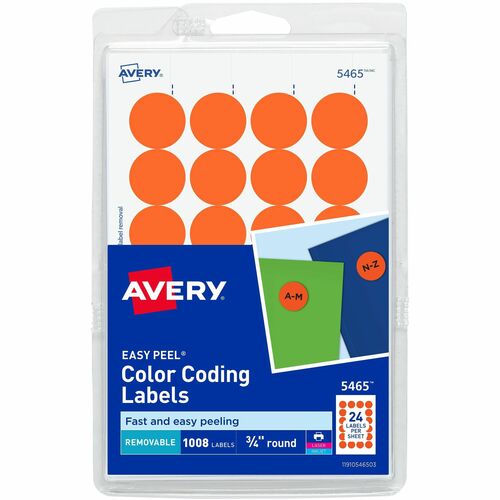 Avery® 3/4" Round Removable Color Coding Labels - 4" Height x 6" Width - 3/4" Diameter - Removable Adhesive - Round - Laser, Inkjet - Orange - Paper - 24 / Sheet - 42 Total Sheets - 1008 Total Label(s) - 1008 / Pack - Removable, Stick & Stay, Customiz