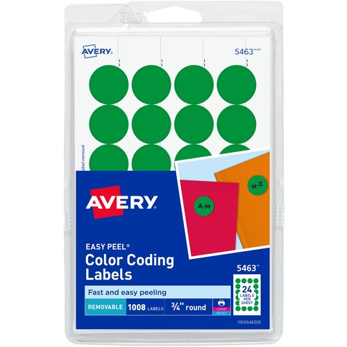 Avery® Color-Coding Labels - - Width3/4" Diameter - Removable Adhesive - Round - Laser, Inkjet - Matte - Green - Paper - 24 / Sheet - 42 Total Sheets - 1008 Total Label(s) - 1008 / Pack