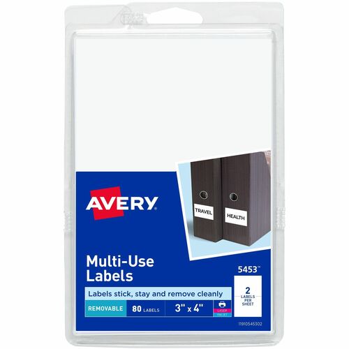 Avery® Removable Multi-Use ID Labels on Printable 4" x 6" Sheets - 3" Height x 4" Width - Removable Adhesive - Rectangle - Laser, Inkjet - White - Paper - Removable, Peel & Stick, Residue-free, Customizable, Adhesive - 2 / Sheet - 40 Total Sheets - 80
