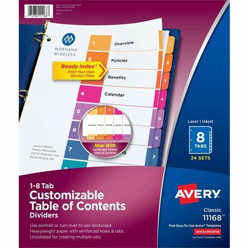 Avery® Ready Index Customizable TOC Dividers - 192 x Divider(s) - 1-8 - 8 Tab(s)/Set - 8.5" Divider Width x 11" Divider Length - 3 Hole Punched - White Paper Divider - Multicolor Paper Tab(s) - Recycled - 24 / Box