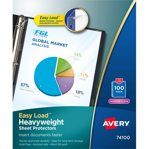 Avery® Heavyweight Sheet Protectors - Acid-free, Archival-safe - 1 x Sheet Capacity - For Letter 8 1/2" x 11" Sheet - 3 x Holes - 3 x Rings - Ring Binder - Top Loading - Rectangular - Diamond Clear - Polypropylene - 100 / Box