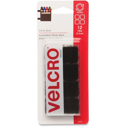 VELCRO® 90072 General Purpose Sticky Back - 0.88" Length x 0.88" Width - For Wall, Glass, Tile, Plastic, Metal - 12 / Pack - Black