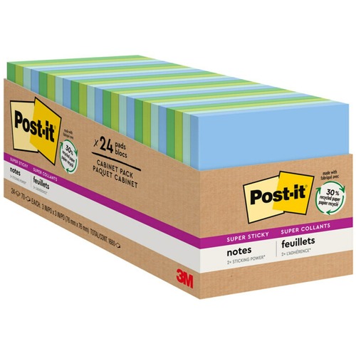 Post-it® Super Sticky Notes Cabinet Pack - Oasis Color Collection - 1680 - 3" x 3" - Square - 70 Sheets per Pad - Unruled - Washed Denim, Fresh Mint, Limeade, Lucky Green - Paper - Repositionable, Self-adhesive - 24 / Pack - Recycled