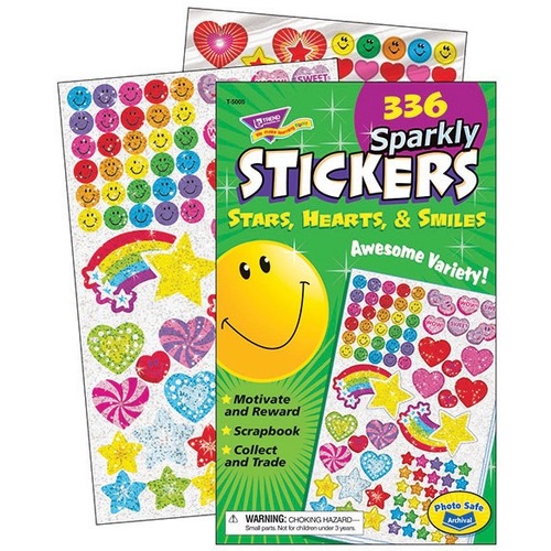 Trend Sparkly Stars, Hearts, & Smiles Sticker Pad - Encouragement Theme/Subject - Acid-free, Non-toxic, Photo-safe - 5.75" (146.1 mm) Width x 9.50" (241.3 mm) Length - 336 / Pad - Stickers - TEPT5005
