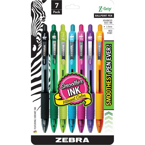 Zebra Z-Grip Retractable Ballpoint Pens - Medium Pen Point - 1 mm Pen Point Size - Retractable - Assorted - Assorted Barrel - 7 / Pack