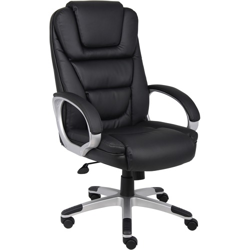 Boss High Back Executive Chair - Black LeatherPlus Seat - Black, Gray Nylon Frame - 5-star Base - 1 Each