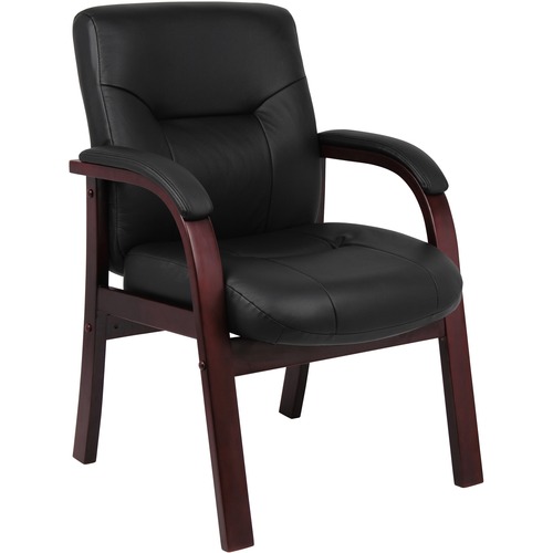 Boss Guest Chair - Black Leather Seat - Mahogany Wood Frame - Four-legged Base - 1 Each