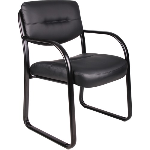 Boss Guest Chair - Black LeatherPlus Seat - Black Steel Frame - Sled Base - 1 Each