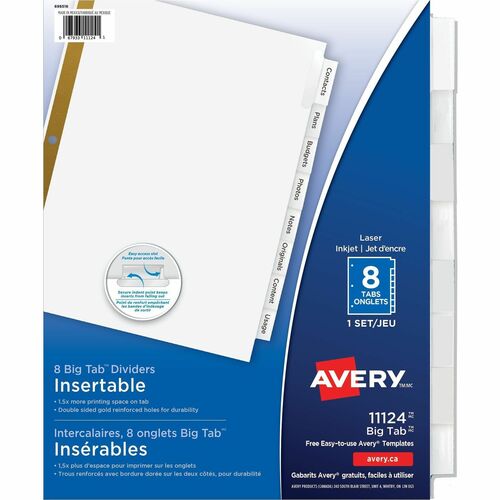 Avery® Worksaver Big Tab Insertable Indexes - 8 x Divider(s) - 8 - 8 Tab(s)/Set - 8.50" Divider Width x 11" Divider Length - 3 Hole Punched - White Paper Divider - Clear Paper, Plastic Tab(s)