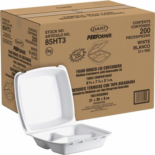 Dart 8-1/2" Triple-Compartment Foam Containers - Foam Body - 200 / Carton