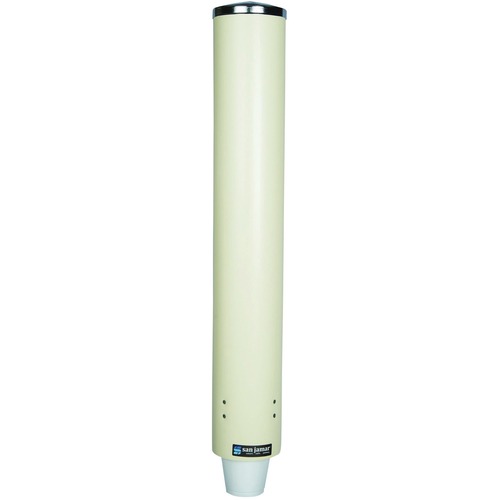 San Jamar 4-10 oz. Foam Cup Dispenser - 23.50" Tube - 3.35" Cup Rim Diameter - Pull Dispensing - Foam Cups Supported - Wall Mountable - White - Polyethylene - 1 Each - Self-adjusting, Top Loading, Durable