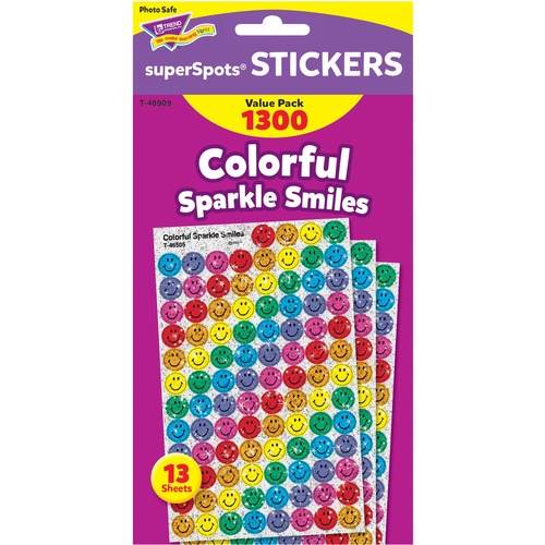 Trend SuperSpots Variety Pack Stickers - 1300 x Smilies Shape - Self-adhesive - Acid-free, Non-toxic, Photo-safe - Assorted - 1300 / Pack