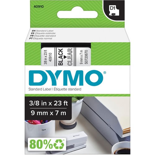 Dymo D1 Electronic Tape Cartridge - 3/8" Width x 23 ft Length - Semi-permanent Adhesive - Rectangle - Thermal Transfer - Clear - Polyester - 1 Each - Scratch Resistant, Chemical Resistant, Self-adhesive = DYM40910