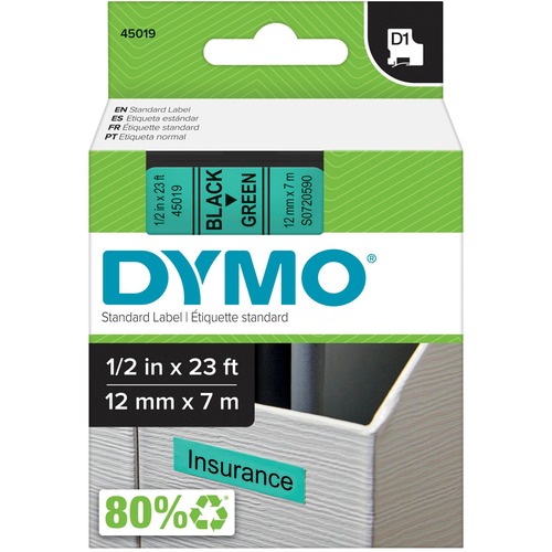 Dymo Electronic Labeler D1 Label Cassette - 1/2" Width - Thermal Transfer - Black, Green - Polyester - 1 Each - Label Tapes - DYM45019