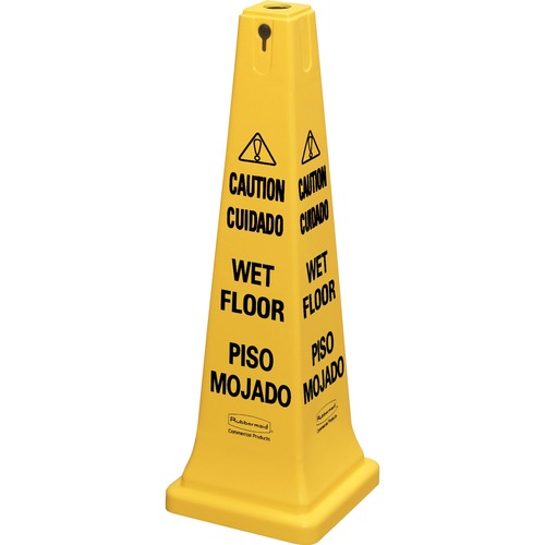 Rubbermaid Commercial 36" Safety Cone - 1 Each - Spanish, English - Caution, Wet Floor Print/Message - 12.2" Width x 36" Height x 12.2" Depth - Cone Shape - Stackable, Sturdy - Plastic - Bright Yellow