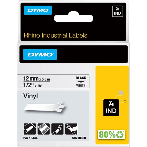 Dymo Rhino Industrial Vinyl Labels - 15/32" Width x 18 3/64 ft Length - Permanent Adhesive - Rectangle - Thermal Transfer - Black on White - Vinyl - 1 Each - Chemical Resistant, Oil Resistant = DYM18444