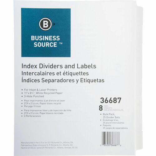 Business Source Punched Laser Index Dividers - 8 Blank Tab(s) - 8.5" Divider Width x 11" Divider Length - Letter - 3 Hole Punched - White Paper Divider - White Tab(s) - Recycled - Mylar Reinforcement, Reinforced, Punched - 25 / Box