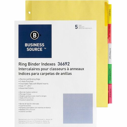 Business Source Insertable Tab Ring Binder Indexes - 5 Blank Tab(s)2" Tab Width - 8.50" Divider Width x 11" Divider Length - Letter - 3 Hole Punched - Multicolor Tab(s) - 5 / Set - Insertable Tab Index Dividers - BSN36692