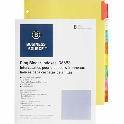 Business Source Insertable Tab Ring Binder Indexes - 8 Blank Tab(s)1.50" Tab Width - 8.50" Divider Width x 11" Divider Length - Letter - 3 Hole Punched - Multicolor Tab(s) - 8 / Set = BSN36693