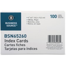 Business Source Plain Index Cards - 6" (152.40 mm) Width x 4" (101.60 mm) Length - 100 / Pack