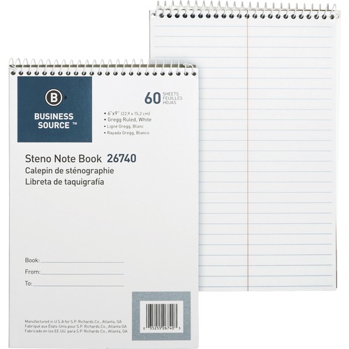 Business Source Steno Notebook - 60 Sheets - Wire Bound - Gregg Ruled Margin - 15 lb Basis Weight - 6" x 9" Sheet Size - White Paper - Stiff-back - 1 Each