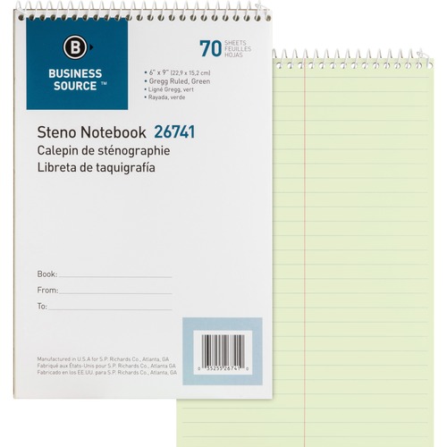 Business Source Steno Notebook - 70 Sheets - Wire Bound - Gregg Ruled Margin - 15 lb Basis Weight - 6" x 9" Sheet Size - Green Paper - Stiff-back - 1 Each