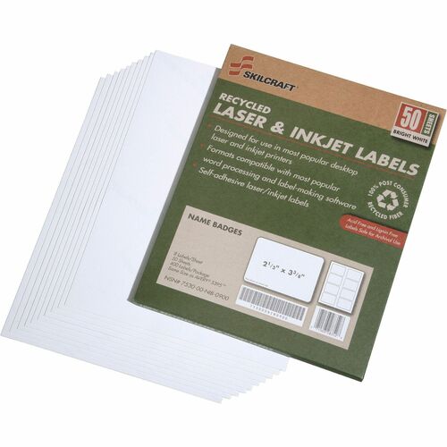 SKILCRAFT 7530-01-578-9299 Name Badge Label - 2 1/3" x 3 3/8" Length - Rectangle - Laser, Inkjet - White - 8 / Sheet - 400 / Box - Chlorine-free, Lignin-free, Self-adhesive