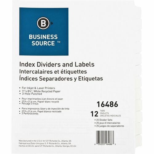 Business Source Customize 12-Tab Index Dividers - 12 x Divider(s) - 12 Print-on Tab(s) - 8.3" Divider Width - 3 Hole Punched - White Divider - White Tab(s) - 25 / Box