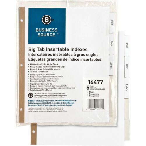 Business Source Tear-resistant Clear Tab Index Dividers - 5 x Divider(s) - 5 Tab(s)/Set - 8.50" Divider Width x 11" Divider Length - Letter - White Divider - Clear Tab(s) - 5 / Set = BSN16477