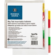 Business Source Tear-resistant Tab Index Dividers - 5 Tab(s) - 8.50" Divider Width x 11" Divider Length - Letter - White Divider - Multicolor Tab(s) - 5 / Set