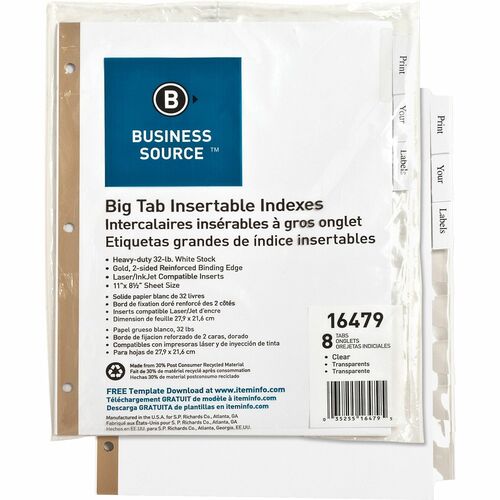 Business Source Tear-resistant Clear Tab Index Dividers - 8 Tab(s) - 8.5" Divider Width x 11" Divider Length - Letter - White Divider - Clear Tab(s) - 8 / Set