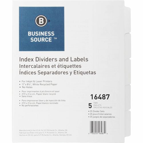 Business Source Un-punched Index Dividers Set - 5 x Divider(s) - Blank Tab(s) - 5 Tab(s)/Set - White Divider - White Tab(s) - 25 / Box - Plain Tab Index Dividers - BSN16487