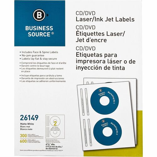 Business Source CD/DVD Labels - - Height4 5/8" Diameter - Permanent Adhesive - Circle - Inkjet, Laser - White - 300 / Pack - Lignin-free, Smudge Resistant