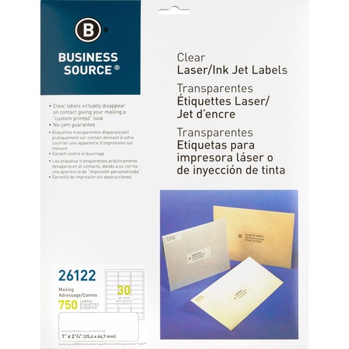 Business Source Mailing Address Labels - 1" Width x 2 3/4" Length - Permanent Adhesive - Rectangle - Laser - Clear - 30 / Sheet - 750 / Pack - Self-adhesive