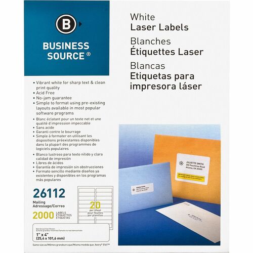 Business Source Bright White Premium-quality Address Labels - 1" x 4" Length - Permanent Adhesive - Rectangle - Laser, Inkjet - White - 20 / Sheet - 100 Total Sheets - 2000 / Pack