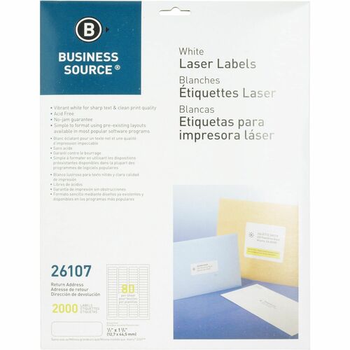 Business Source Address Laser Labels - 1/2" Width x 1 3/4" Length - Permanent Adhesive - Rectangle - Laser - White - 80 / Sheet - 25 Total Sheets - 2000 / Pack - Lignin-free, Jam-free