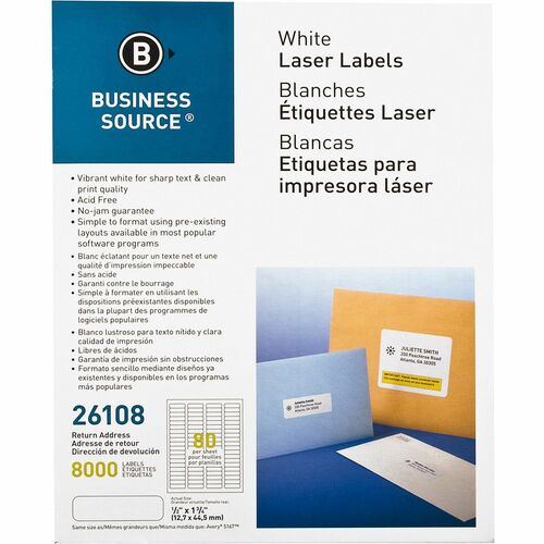 Business Source Address Laser Labels - 1/2" Width x 1 3/4" Length - Permanent Adhesive - Rectangle - Laser - White - 80 / Sheet - 100 Total Sheets - 8000 / Pack - Lignin-free, Jam-free