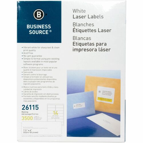 Business Source Bright White Premium-quality Address Labels - 1 1/3" Width x 4" Length - Permanent Adhesive - Rectangle - Laser, Inkjet - White - 14 / Sheet - 250 Total Sheets - 3500 / Pack - Lignin-free, Jam-free